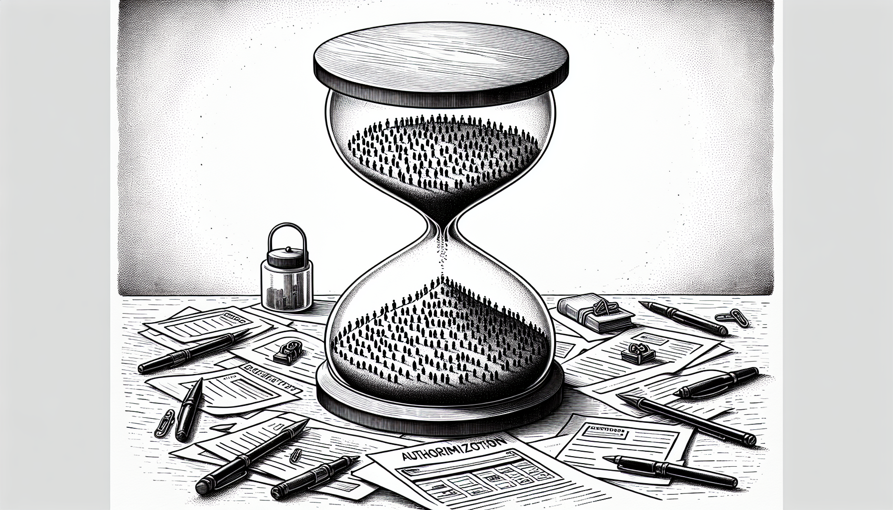 Conceptual pencil sketch illustration depicting ABA authorization renewal client loss through an hourglass metaphor with clients falling through bureaucratic delays