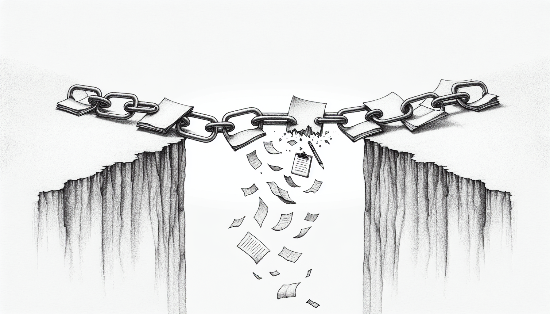 Pencil sketch illustration of breaking document chain representing ABA authorization renewal client loss and practice management challenges