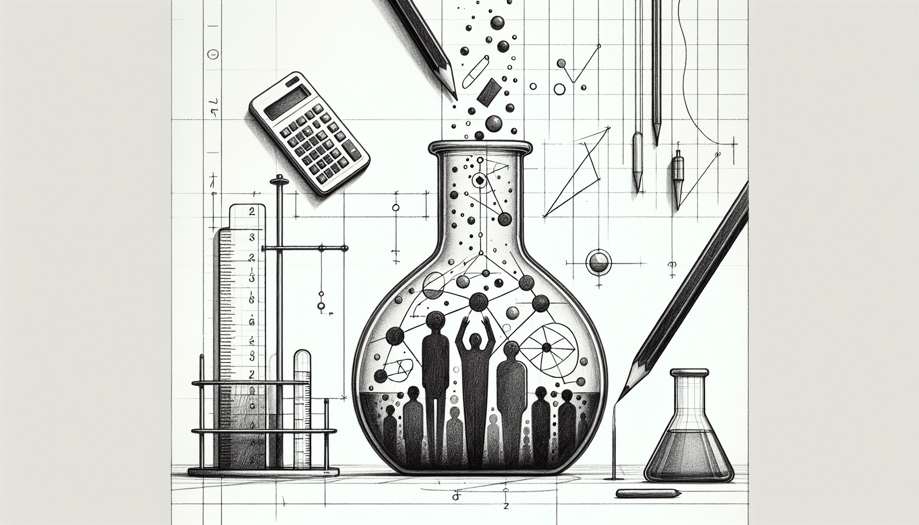 Pencil sketch illustration of a measuring beaker with figures flowing out, representing ABA market demand analysis and calculating unmet service needs