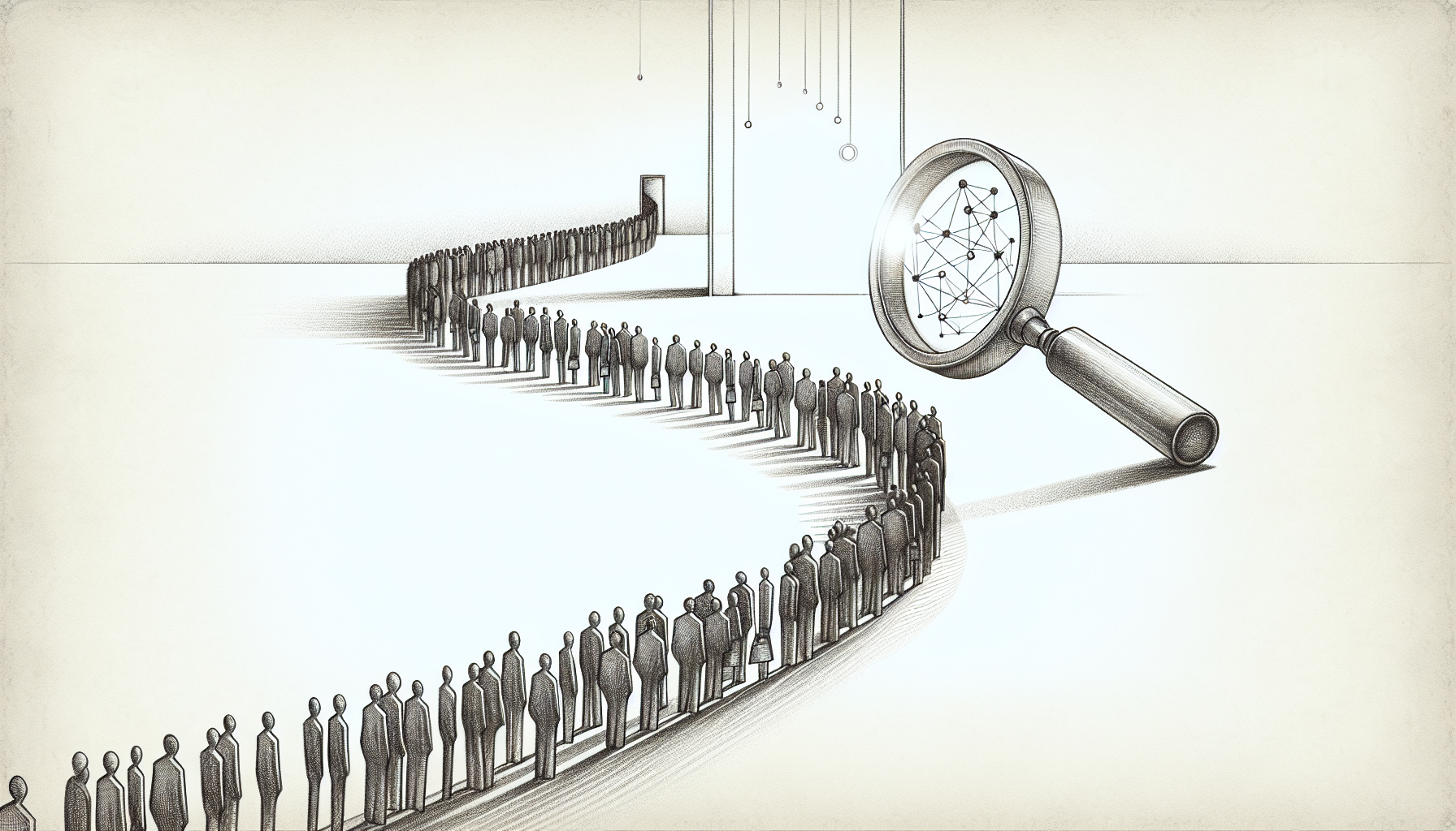 Conceptual pencil sketch illustration depicting aba therapy waitlist indicators through a metaphorical queue with digital footprints revealing undersupplied market opportunities
