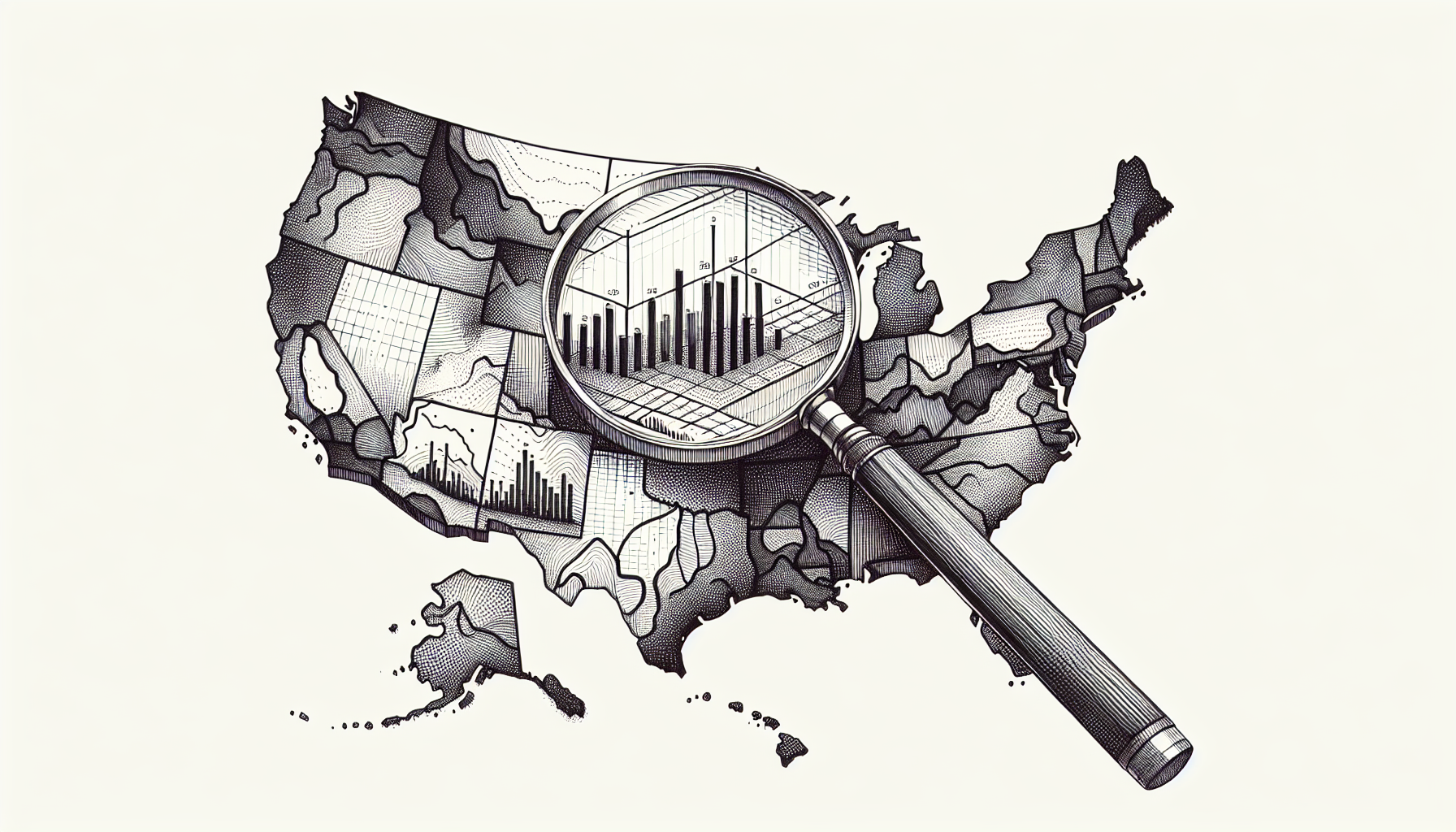 Pencil sketch illustration of US map with magnifying glasses examining autism prevalence rates by state from multiple data sources