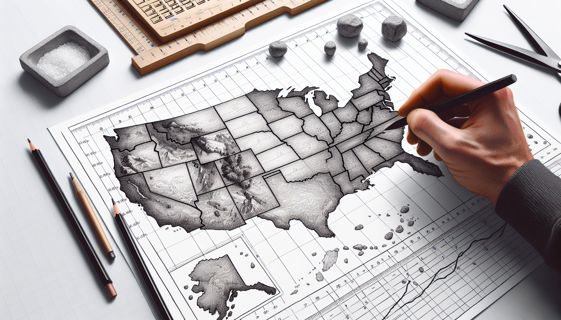 Pencil sketch illustration of a map with weighted objects on different states representing how ABA practices evaluate autism prevalence rates by state alongside other expansion factors