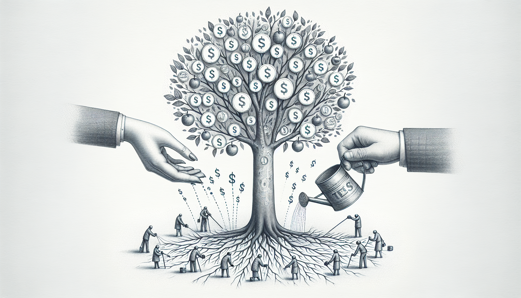 Pencil sketch illustration showing caregivers nurturing a revenue tree together, representing how caregiver collaboration in ABA practice drives financial growth and return on investment