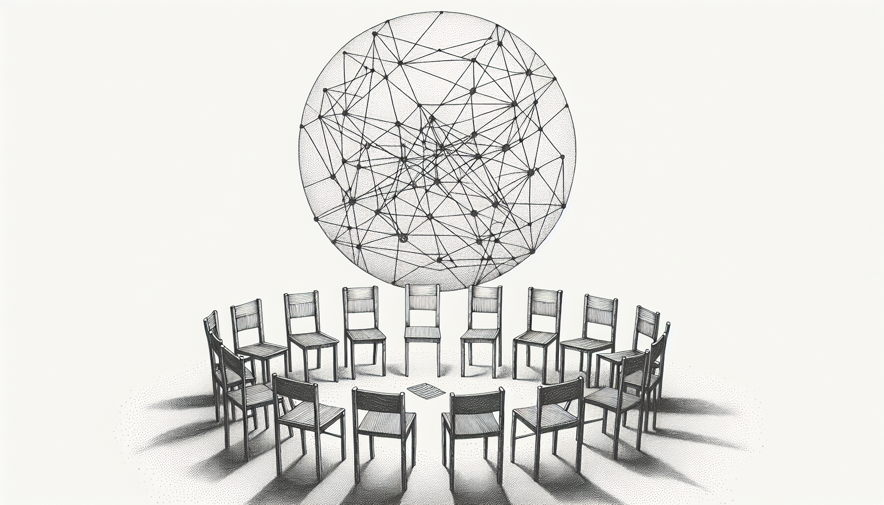 Conceptual pencil sketch illustration showing chairs arranged in a circle with connecting lines above, representing how to create a Facebook group for an ABA clinic community