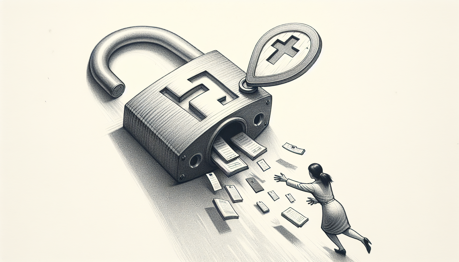 Conceptual illustration of an unlocked padlock with documents spilling out, representing concerns about Facebook group privacy settings for ABA practices and HIPAA compliance