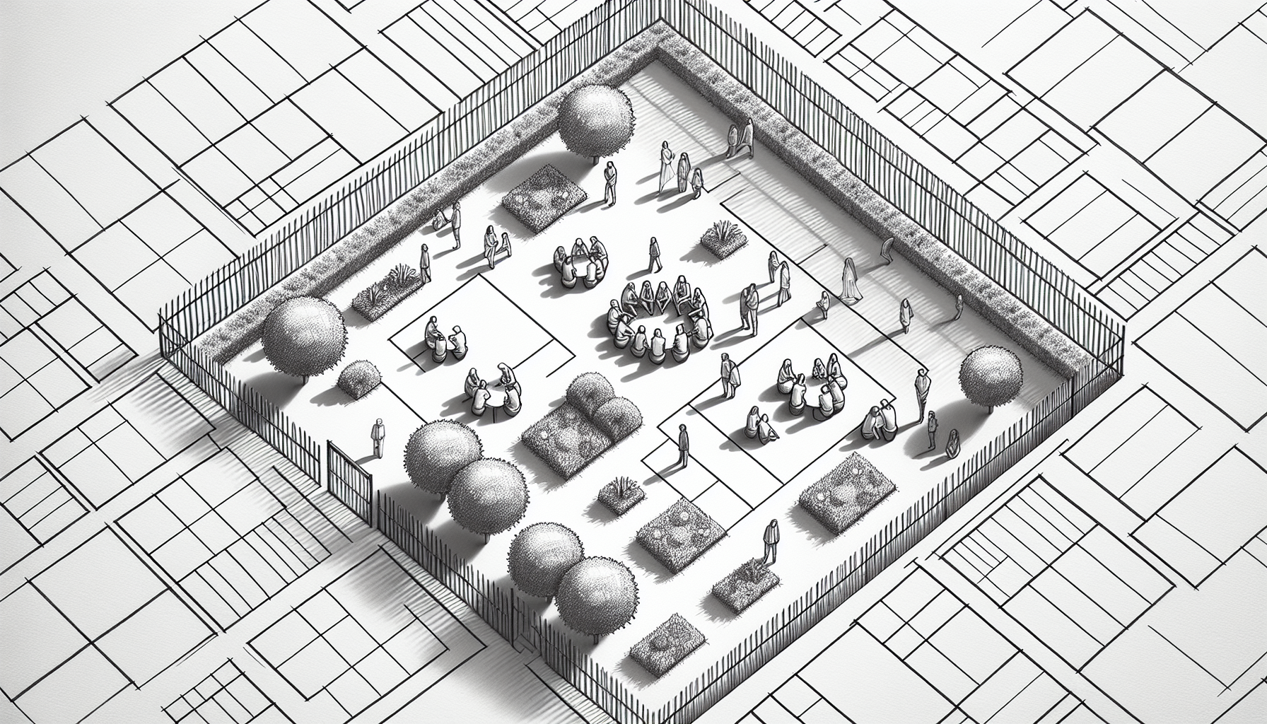 Conceptual pencil sketch comparing Facebook group vs page for ABA practice growth, showing formal garden versus communal gathering space