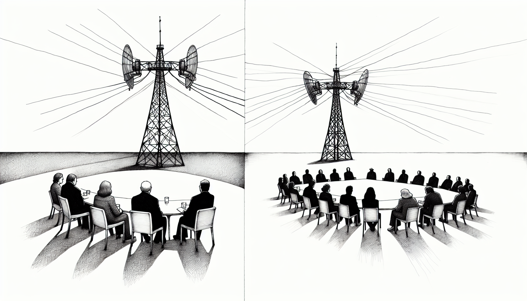 Conceptual illustration comparing Facebook group vs page for ABA practice marketing, showing engaged circle discussion versus broadcast tower with scattered audience