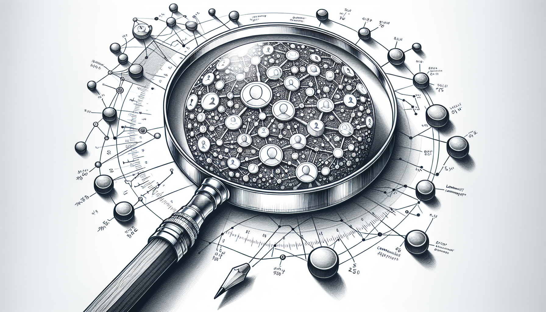 Conceptual pencil sketch illustration of measuring Facebook groups for ABA practices showing magnifying glass analyzing network connections and metrics