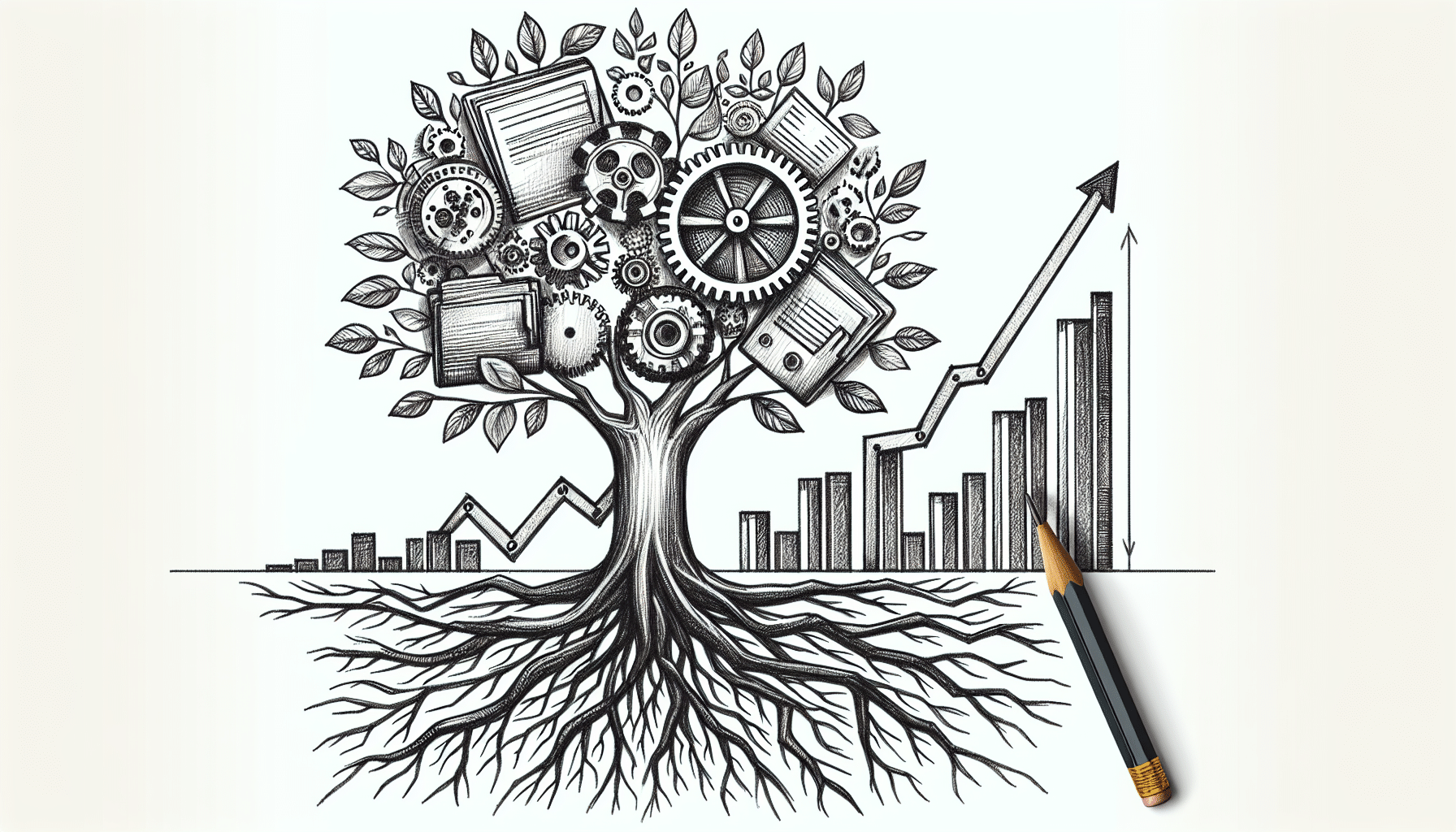 Conceptual pencil sketch illustration of a tree with mechanical gear roots and financial ledger branches representing systems needed to scale ABA practice growth