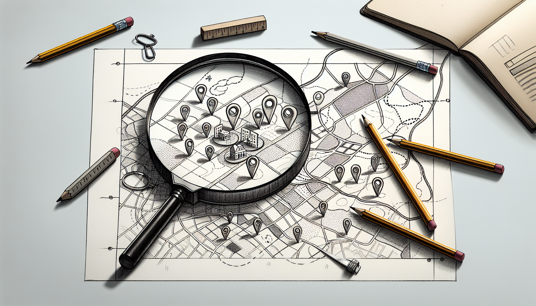 Pencil sketch of a topographical map with magnifying glass examining school district data for ABA expansion opportunities