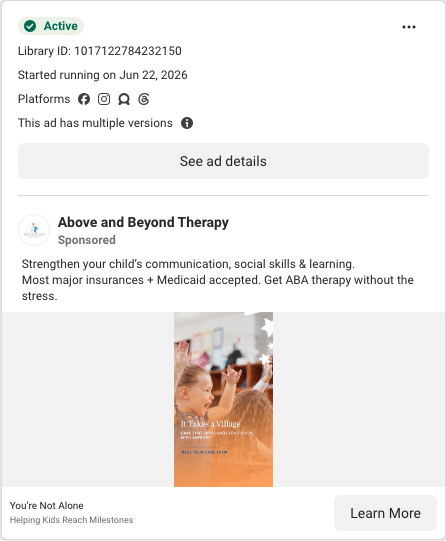 Above and Beyond Therapy Facebook ad running in Nebraska