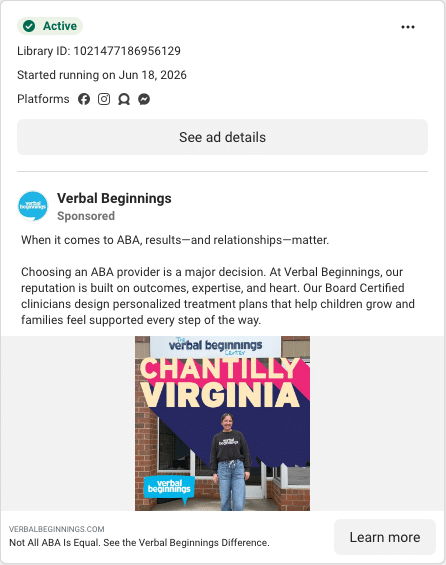 Verbal Beginnings Facebook ad running in Delaware
