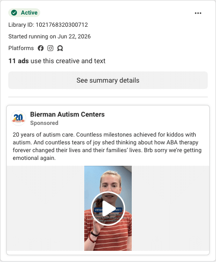 Bierman Autism Centers Facebook ad running in Rhode Island