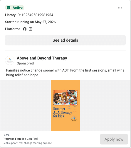 Above and Beyond Therapy Facebook ad running in Florida