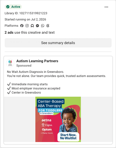 Autism Learning Partners Facebook ad running in Nevada