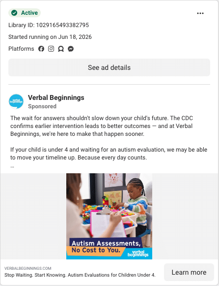 Verbal Beginnings Facebook ad running in Delaware