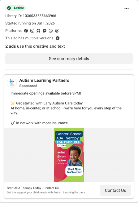Autism Learning Partners Facebook ad running in Washington