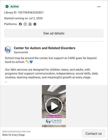 Center for Autism and Related Disorders Facebook ad running in Texas