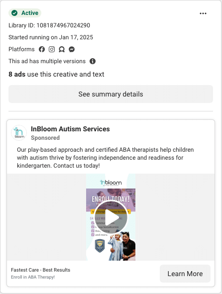 InBloom Autism Services Facebook ad running in Florida