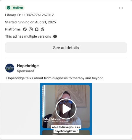 Hopebridge Facebook ad running in Ohio