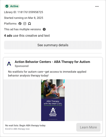Action Behavior Centers Facebook ad running in Minnesota
