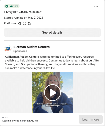 Bierman Autism Centers Facebook ad running in Florida