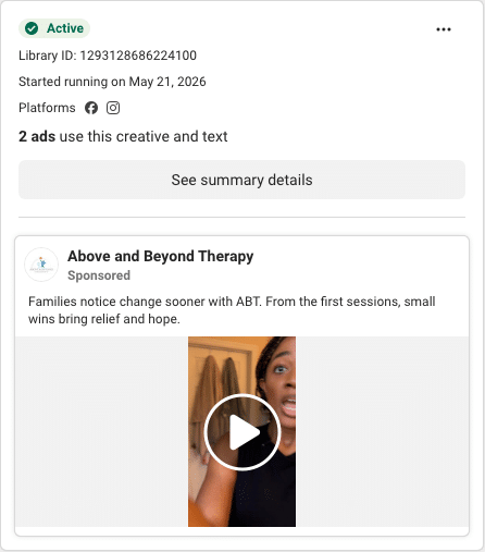 Above and Beyond Therapy Facebook ad running in Idaho