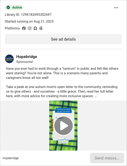Hopebridge Facebook ad running in Kentucky