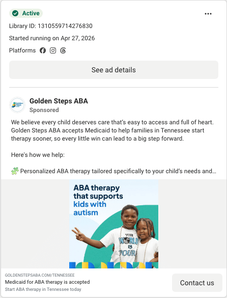 Golden Steps ABA Facebook ad running in Ohio
