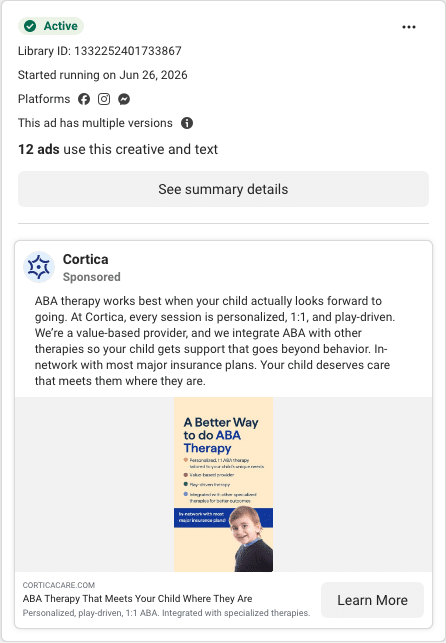 Cortica Facebook ad running in New York
