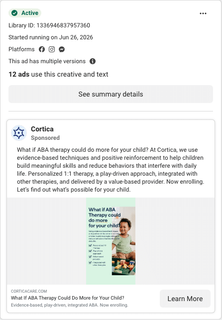 Cortica Facebook ad running in Connecticut