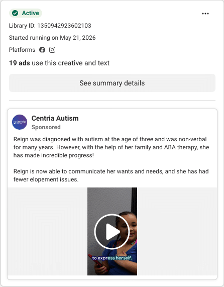 Centria Autism Facebook ad running in New Mexico