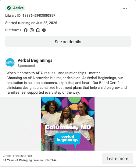 Verbal Beginnings Facebook ad running in Delaware