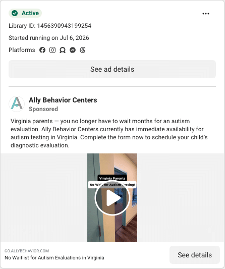 Ally Behavior Centers Facebook ad running in Maryland
