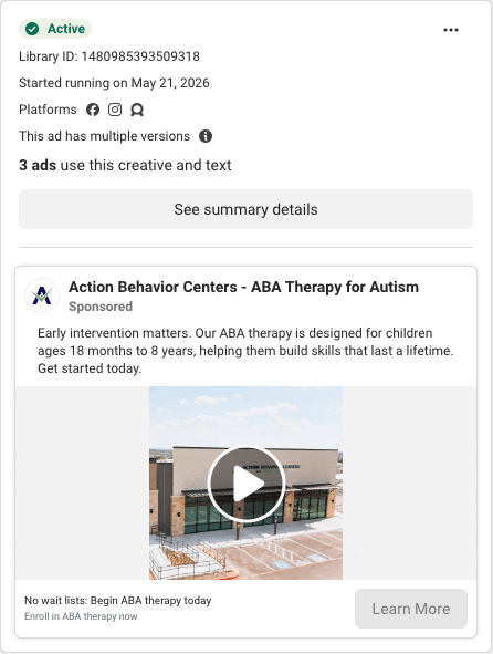 Action Behavior Centers Facebook ad running in Minnesota