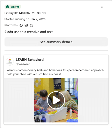LEARN Behavioral Facebook ad running in Nebraska