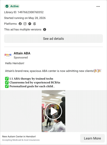 Attain ABA Facebook ad running in Virginia