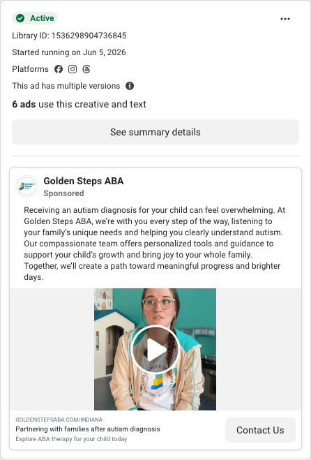 Golden Steps ABA Facebook ad running in Kentucky
