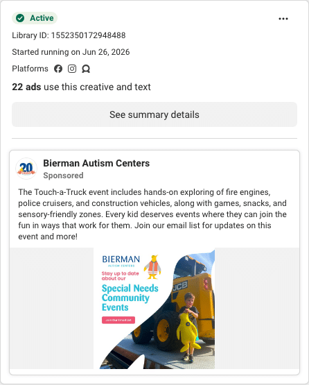 Bierman Autism Centers Facebook ad running in Ohio