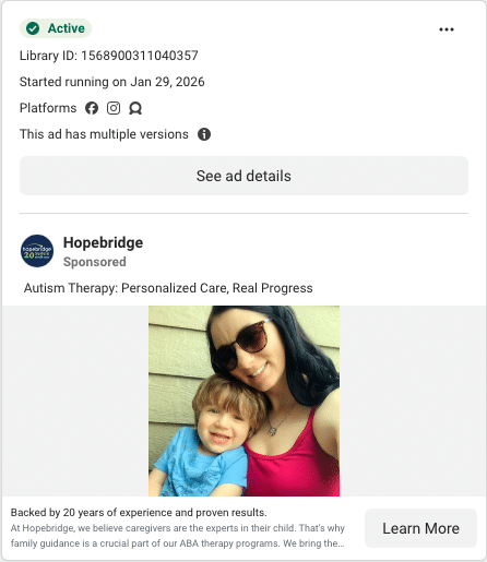 Hopebridge Facebook ad running in Iowa