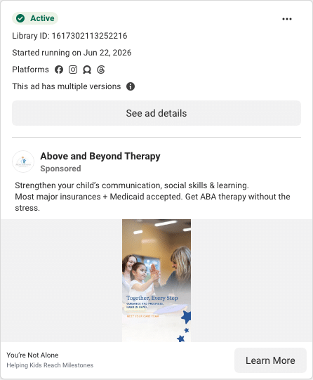 Above and Beyond Therapy Facebook ad running in Utah