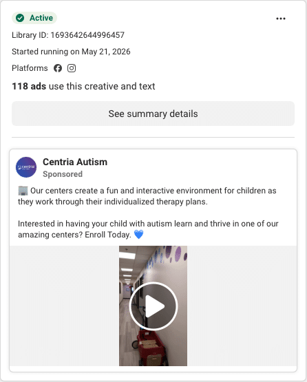 Centria Autism Facebook ad running in Ohio