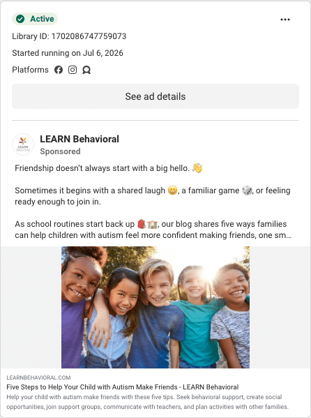 LEARN Behavioral Facebook ad running in Nebraska