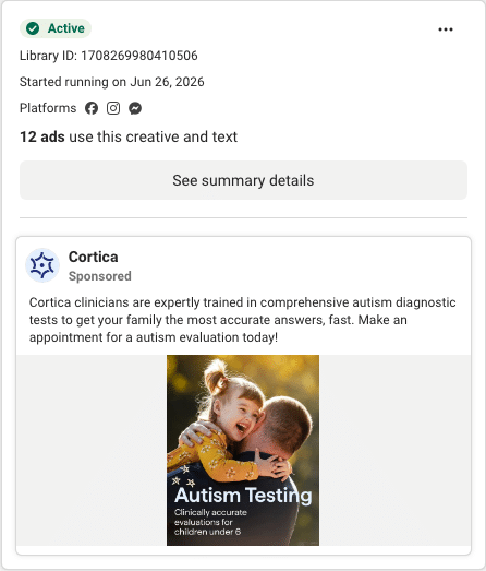 Cortica Facebook ad running in Texas