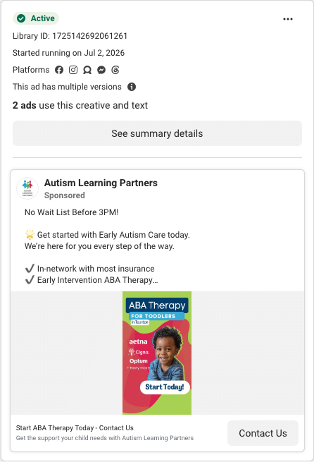 Autism Learning Partners Facebook ad running in Hawaii