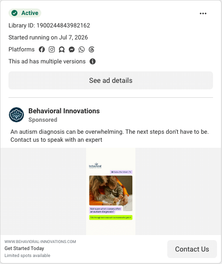 Behavioral Innovations Facebook ad running in Texas
