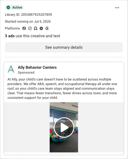 Ally Behavior Centers Facebook ad running in Maryland