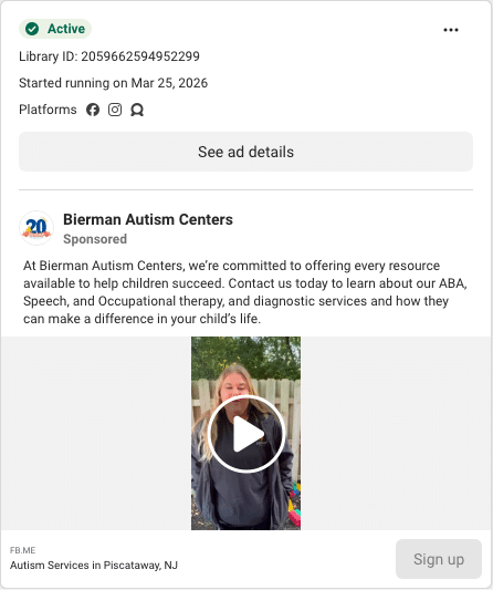 Bierman Autism Centers Facebook ad running in Rhode Island