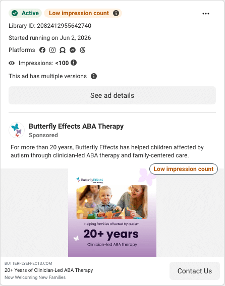 Butterfly Effects Facebook ad running in Florida