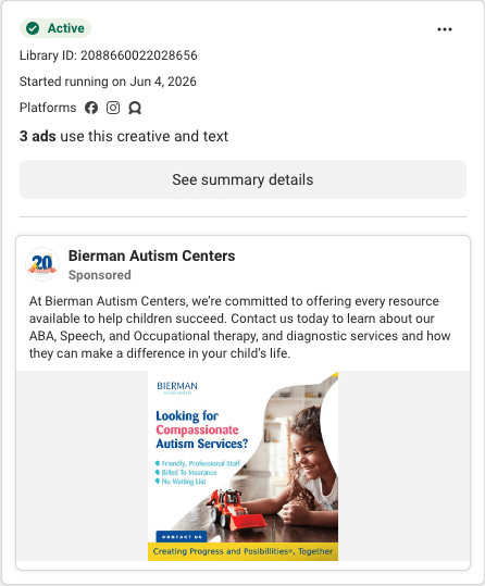 Bierman Autism Centers Facebook ad running in Rhode Island